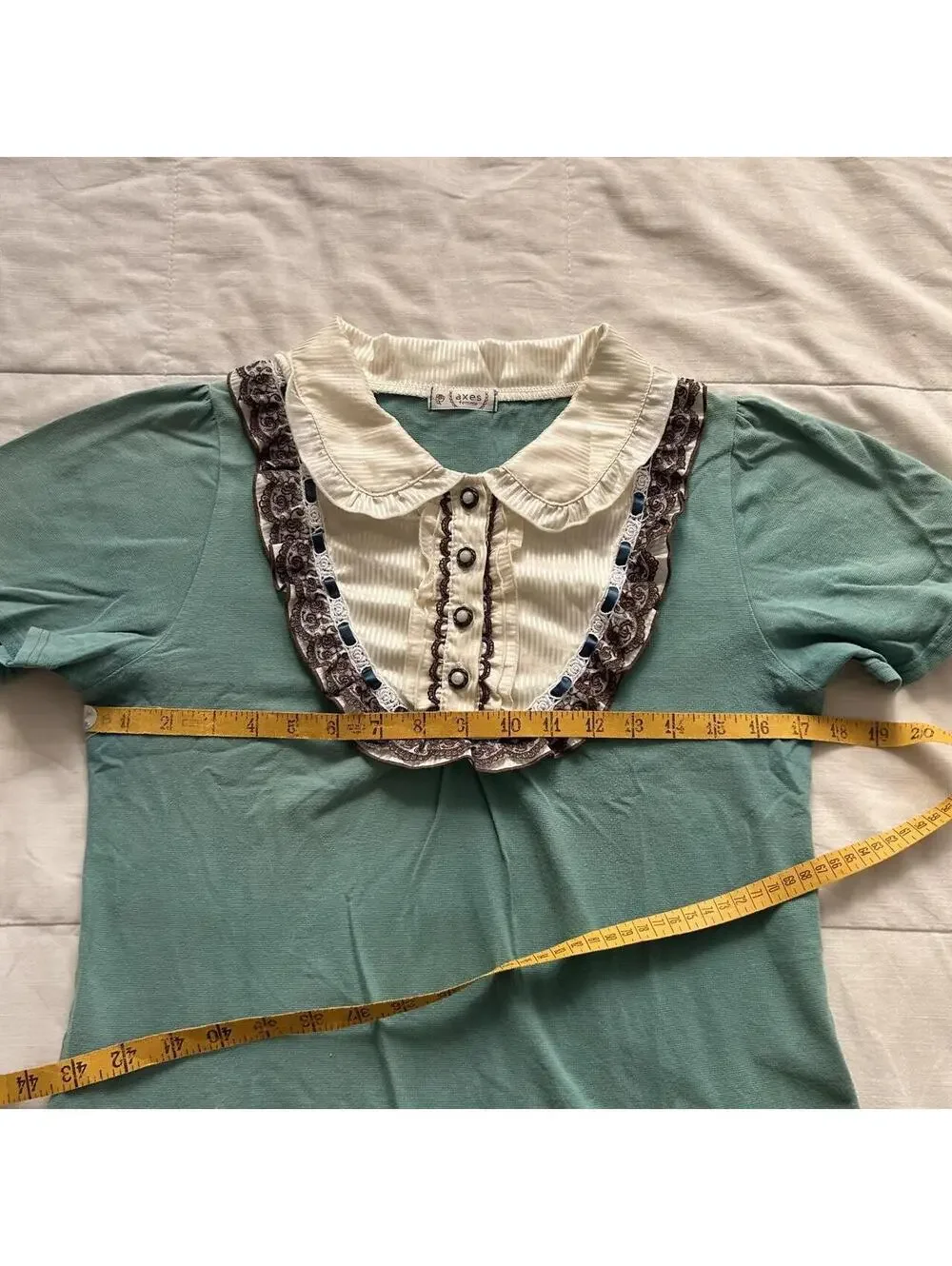 Axes Femme Teal Green Lace Bib Peter Pan Collar Top Medium Japan